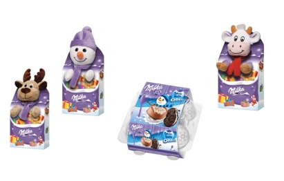 Milka Snow Balls Oreo, 112g, cena: 13,99 zł oraz Zestaw z maskotką Milka, 96,5g, cena: 29,99 zł